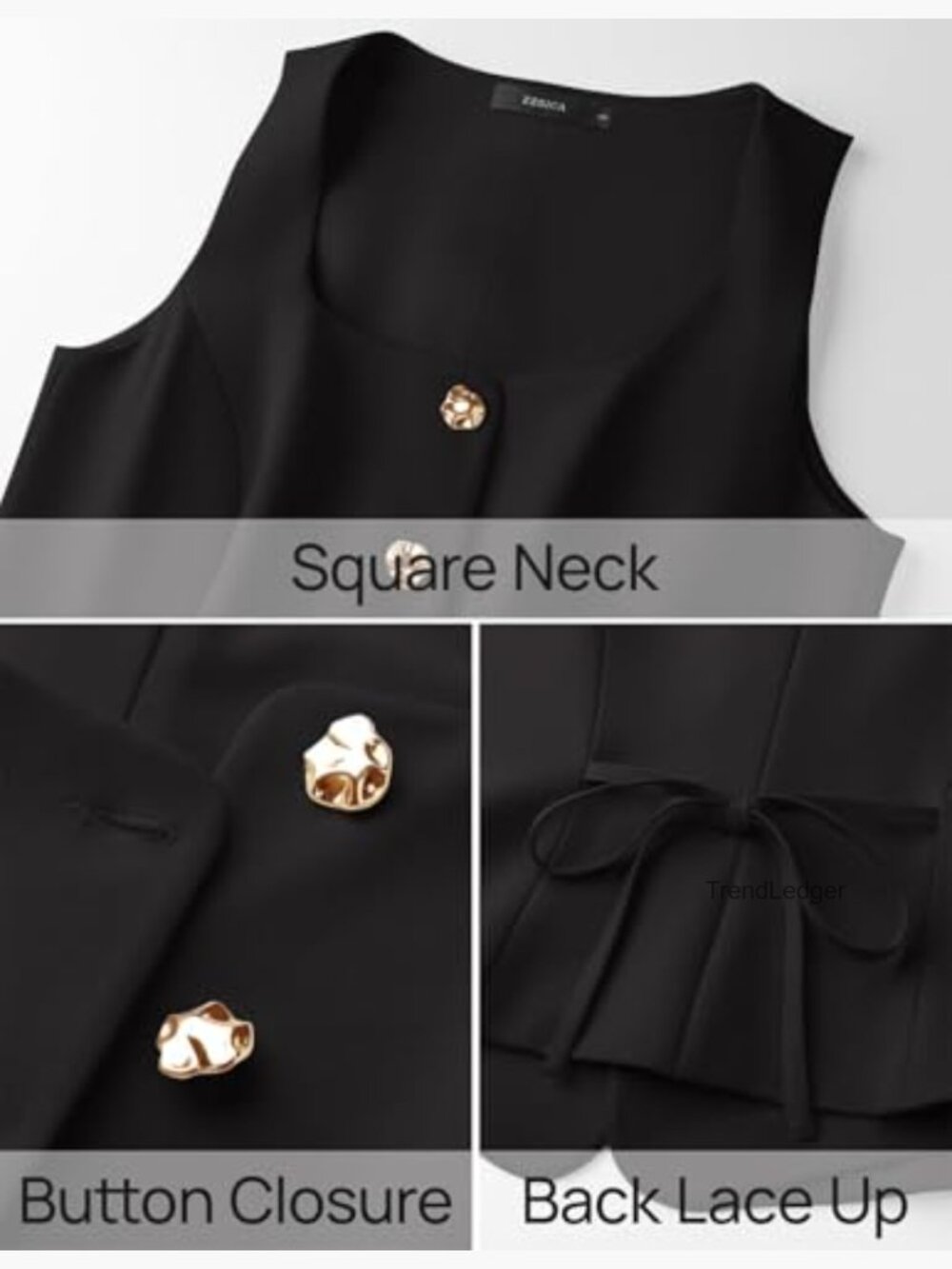 Square Neck Sleeveless Blazer Vest, Work Business Casual Waistcoat, Button Front - Picture 6 of 7